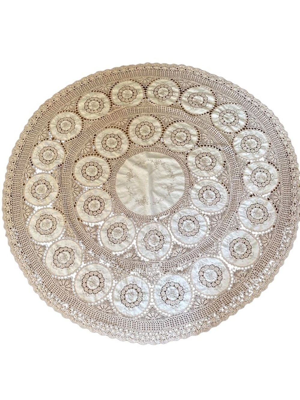 Vintage Crochet and Embroidered Tablecloth Ecru 60” Round